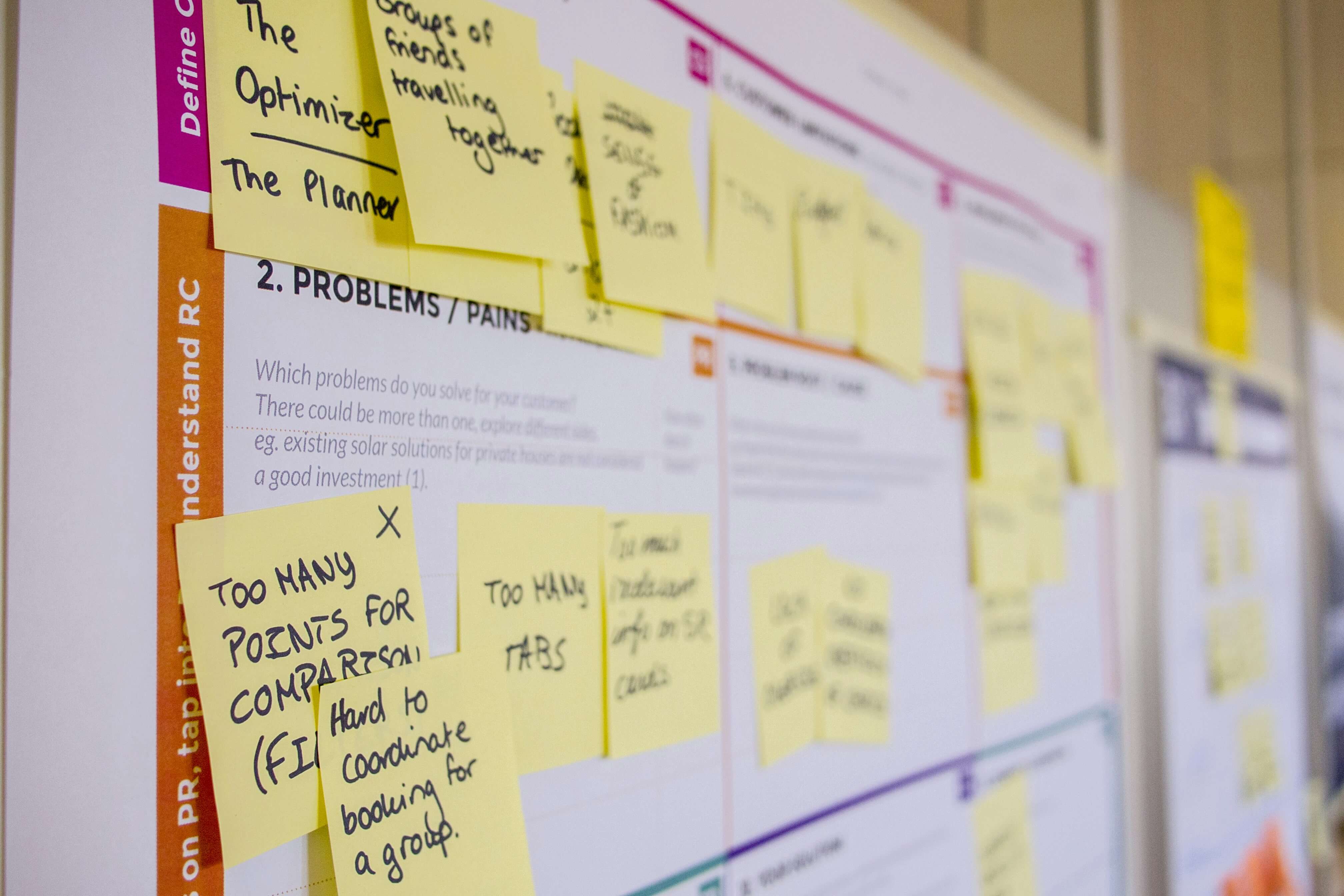 A planner board with sticky notes displaying ideas.