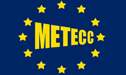The logo for Metecc. Yellow METECC lettering surrounded by yellow stars on a blue background.
